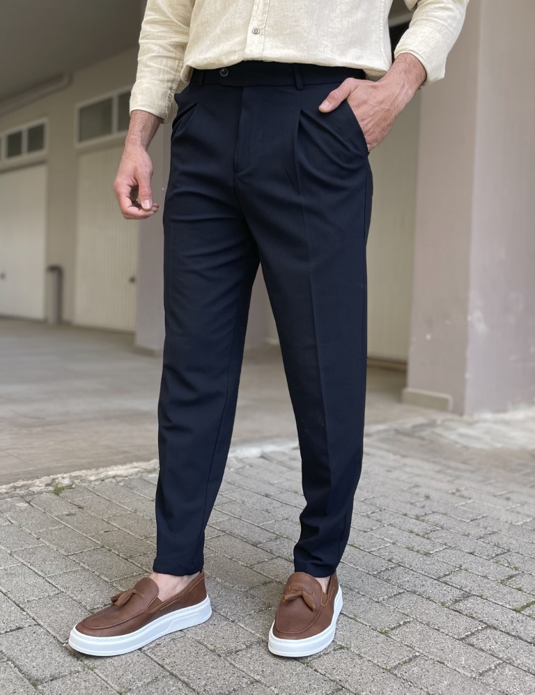 Ανδρικό μπλε υφασμάτινο παντελόνι με πιέτα και λάστιχο στην μέση FCL00295B φωτογραφία